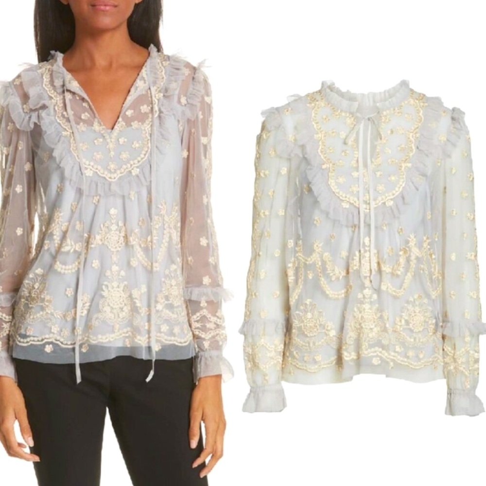 Needle & Thread Pale Blue Sheer Embroidered Ruffle Blouse with Gold Accents